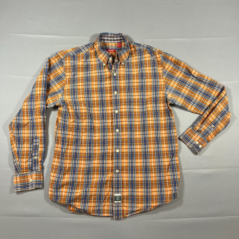 Izod Shirt Mens Medium Orange Blue Plaid Tartan Plaid Locker Loop Button Down
